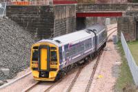 First ScotRail 158 735 rejoins the main line at Alloa Station Junction on 9 April 2008 for the return run to Stirling on a route familiarisation trip.<br><br>[John Furnevel 09/04/2008]