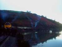 The infamous <I>Western China Clay Railtour</I> of 4 December 1976 stands at Carne Point, Cornwall, in the fading afternoon light, with the Maybach engine exhausts from the pair of Western class diesel hydraulic locomotives (D1056 Western Sultan front and D1023 Western Fusilier rear) reflected in the cold, dark waters of the Fowey estuary.  <br><br>[Ian Dinmore 04/12/1976]