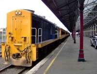 A returning excursion train from Taieri Gorge at Dunedin, New Zealand, on 7 March 2008. The train is standing at the countrys longest railway platform measuring 1 kilometre.<br><br>[Brian Smith 07/03/2008]