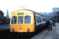 A class 101 DMU at Manors platform 6 in October 1985 with a service for Alnmouth.<br><br>[David Panton /10/1985]