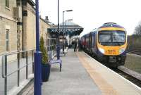 First TransPennine Express 185111, forming the 1145 Scarborough - Liverpool Lime Street service, makes a stop at Malton on 2 April 2008. <br><br>[John Furnevel 02/04/2008]