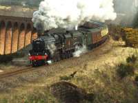 45407 and 60009 put in plenty of effort as they come off Culloden Viaduct on their way south with <I>The North Briton</I>.<br><br>[John Gray 15/04/2008]