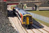 SWT liveried 158 786 leaves Alloa on 15 April, passing the site of the earlier station, on a crew training run to Stirling.<br><br>[Bill Roberton 15/04/2008]