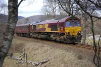 66099 south of Dunkeld on 15 April with a Mk2 brake first in the timing path of the late running <I>North Briton</I> railtour.<br><br>[Bill Roberton 15/04/2008]