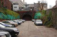 The western portal of Redcliffe Tunnel, Bristol Harbour Railway, now part of a car park. <br><br>[Peter Todd 25/04/2008]