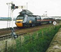 A southbound HST passes the south box at Montrose in July 1997.<br><br>[David Panton /07/1997]