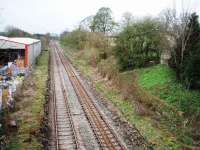 The platform edges and building recesses can just be seen in this picture of Gisburn looking towards Chatburn and Clitheroe with Gisburn tunnel just behind the photographer. The station closed in 1962. The old signal box still stands at the far end of the station but is now on private land and owned by Waddingtons timber merchants who occupy the goods yard. Although the lever frame has been removed the cabin itself is maintained by the company as a historic local building. (My thanks to John Pratt for additional local information). SD 826489 <br><br>[Mark Bartlett 28/04/2008]