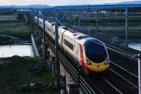 Pendolino crosses the Esk Viaduct (Cumbria) on its way north on the evening of 14 April. In the distance the line to Longtown turns off to the right.<br><br>[Ewan Crawford 14/04/2008]