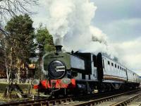<I>Clyde</I> standing in for Black 5 5025 on the Strathspey Railway during the Easter holidays in 1981. The locomotive now resides on the Spa Valley Railway, Tunbridge Wells.<br><br>[Peter Todd //1981]