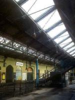 Ticket barriers, footbridge and exit at South Shields in the 1970s.<br><br>[Ian Dinmore //]