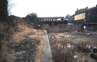 View east at Newhaven station on the Leith North branch in March 1985.<br><br>[David Panton /03/1985]