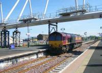 The new footbridge over Stirling station taking shape on 5 May 2008. View south with 66134 standing below. <br><br>[Veronica Inglis 05/05/2008]