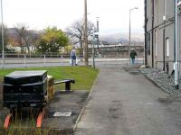 Looking north towards the Alloa ring road on 27 March with the Station Hotel standing on the right. This is the trackbed of the former Alloa Wagonway, dating from the 1760s, a small memento of which can be seen on the left. <br><br>[John Furnevel 27/03/2008]