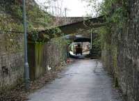 View along the former Alloa Wagonway on 27 March 2008 showing the route heading south from the Station Hotel towards the <I>tunnel</I> under the junction of Drysdale Street and Mar Street. Note the reinforcing struts added during the last century and the steps that now provide pedestrian access to street level.  <br><br>[John Furnevel 27/03/2008]