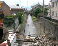 Route of the Alloa Wagonway looking south from above the Drysdale Street/Mar Street <I>tunnel</I> on 27 March towards the Forth. Work on the retaining walls was taking place on this part of the old alignment at the time. In the distance is the <I>tunnel</I> under Bedford Street.<br><br>[John Furnevel 27/03/2008]