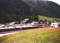An Austrian Railways class 1044 electric locomotive brings the eastbound <I>Orient Express</I> into the old St Anton station in the Tyrol in July 1997.<br><br>[John Furnevel 17/07/1997]