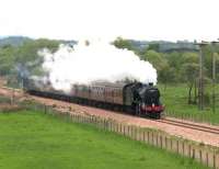 The first passenger train on the new line between Alloa and Stirling passing the former loop and level crossing at Manor Powis. Steam engine K4 61994 leads, with deltic 22 tailed at rear. (15 May 2008) Photographed from the A81 Stirling bypass.<br><br>[Brian Forbes 15/05/2008]