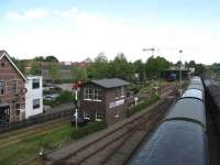 Preserved signabox and coaches of the Stoomtram Hoorn-Medemblik heritage railway at Hoorn the Netherlands.<br><br>[Michael Gibb 18/05/2008]