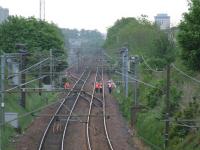 Network Rail track inspection team at Elderslie on 20th May. The entrance to the Elderslie Loop can be seen on the left and this also give access to the WH Malcolm goods yard. Elderlie station was at the point approximately half way along the loop.<br><br>[Graham Morgan 20/05/2008]