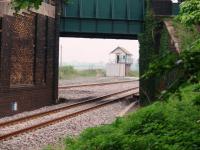 Salwick No.2 cabin is the fringe box with Preston signalling centre. A Lancashire and Yorkshire design it operates the colour light signals between here and Kirkham, an emergency crossover and access to a disused siding associated with the adjacent nuclear fuel facility. Viewed through the station overbridge towards Preston. <br><br>[Mark Bartlett 10/05/2008]