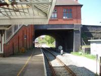 The relaid but disused Fleetwood line junction and Poulton No. 3 cabin viewed from the Preston bound platform under the booking hall, which is at street level. <br><br>[Mark Bartlett 14/05/2008]