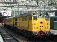 31602 with a Network Rail test coach and 31601 at the rear, standing at Platform 6 of Glasgow Central station on 22nd May<br><br>[Graham Morgan 22/05/2008]