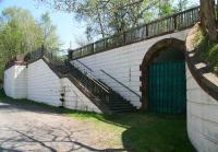 The imposing frontage and entrance to Balquhidder station alongside the A84 looking north on 14 May 2008, showing the gated entrance to the former passenger subway. The site of the platforms is now occupied by a holiday/caravan park.<br><br>[John Furnevel 14/05/2008]