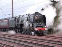 71000 <I>Duke of Gloucester</I> makes an impressive exit from the down loop at Drem after being looped to allow a XC express to pass on 12 April 2008 while hauling the York - Edinburgh leg of <i>The North Briton</i> railtour.<br><br>[Mark Poustie 12/04/2008]