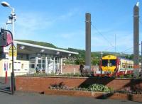 Entrance to Largs station on 31 May 2008, with 334 009 at the rear of a 6 car train to Glasgow Central standing at the buffer stops.<br><br>[Veronica Inglis 31/05/2008]