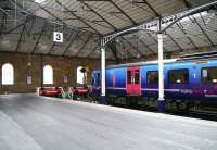 The 0618 First TransPennine service from Liverpool Lime Street stands at the platform 4 buffer stops at Scarborough on 3 April 2008.<br><br>[John Furnevel 03/04/2008]