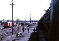 Looking south from the cab of a 9F along one of the lines of withdrawn locomotives at Carnforth on 13 June 1968. In the middle distance under the footbridge are the two Fairburn 2-6-4Ts nos 42073 & 42085, Ivatt 2-6-0 no 6441 and LNER B1 no 1306, all of which were privately owned by that time and on site for restoration/repair work.<br><br>[John McIntyre 13/06/1968]