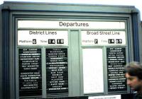 Departure board at Richmond in June 1984. Note the North London Line services at that time still running into Broad Street with another 2 years to go before closure. These trains now run to Stratford, with much of the former NLL link south along the urban viaduct from Western Junction (east of Canonbury station) down to Broad Street currently (June 2008) undergoing major refurbishment and redevelopment in preparation for its new role as part of the northern extension of the East London Line.<br><br>[David Panton /06/1984]