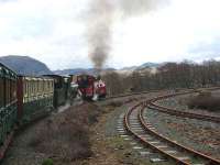 <I>Prince</I> and <I>Blanche</I> climb round the spiral curve at Dduallt in April 2007 to take the deviation line with the first train of the day for Blaenau.<br><br>[Mark Poustie 03/04/2007]