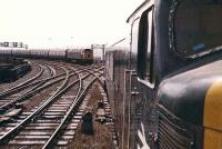 45027 (withdrawn 8 days later) leaves Newcastle Central for Scarborough on 23 May 1981, just as 47165 arrives with a northbound train off the King Edward Bridge.<br><br>[Colin Alexander 23/05/1981]