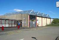 External view of Gourock station on 18 June 2008, with a temporary entrance and booking office in operation pending the planned development of a modern rail/bus/ferry interchange.<br><br>[Veronica Inglis 14/06/2008]