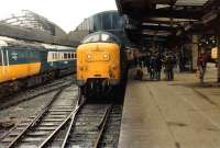 A busy Saturday morning at Newcastle Central station in March 1981 sees Deltic 55013 <I>The Black Watch</I> standing at platform 8 with train 1S12, the 05.50 Kings Cross -Aberdeen.<br><br>[Colin Alexander 14/03/1981]