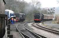 Running tender first, B1 61264 brings a morning train from Pickering past Grosmont shed on 3 April 2008. Receiving attention on the left is A4 60007 <I>Sir Nigel Gresley</I>.<br><br>[John Furnevel 03/04/2008]