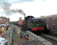 The legendary GWR locomotive <I>City of Truro</I> backing onto a train at Wallingford on the Cholsey and Wallingford Railway on 29 June 2008. No 3440 is believed to have been the first locomotive to break the 100mph barrier, having reached a top speed of 102.3 mph while hauling the <I>Ocean Mails</I> express from Plymouth to London Paddington on 9 May 1904.<br><br>[Peter Todd 29/06/2008]