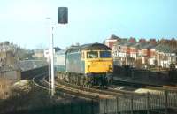 47432 passes the site of Maudland Viaduct signalbox as it leaves the bridge and nears Preston on a Blackpool to Euston service in January 1981. The train is approaching the cutting and signal shown in [See image 19011]. The three tracks at this location (formerly four) were later reduced to two and by 2017 the area was being prepared for electrification. <br><br>[Mark Bartlett 11/01/1981]