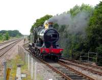 3440 <I>City of Truro</I> coming onto a train at Cholsey, on the Cholsey & Wallingford Railway on 29 June. Note the close proximity of the GW main line alongside.<br><br>[Peter Todd 29/06/2008]