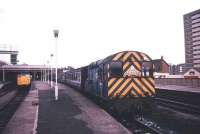 A class 08 shunts ecs at Hull (formerly Paragon) station in January 1986 carrying an appropriate nameboard.  <br><br>[Ian Dinmore 19/01/1986]