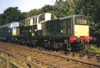 An odd pairing. Clayton D8568 and  Warship D821 <I>Greyhound</I> stand in the headshunt at Grosmont in 1992.<br><br>[Colin Alexander //1992]