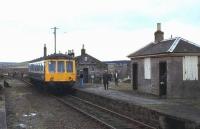 Railcar 55007 stands at the platform at Maud in April 1979 on a Branch Line Society Railtour.<br><br>[Ian Dinmore 16/04/1979]