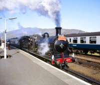 The return of steam to the West Highland Line in May 1984 sees an immaculate 673 <I>Maude</I> standing at Fort William with the <I>West Highlander</I>.<br><br>[Peter Todd 28/05/1984]