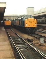 An unidentified former <I>Cunarder</I> named Class 40 stands with a parcels train alongside a class 45/1 at Sheffield Midland circa 1983.<br>
<br><br>[Colin Alexander //1983]