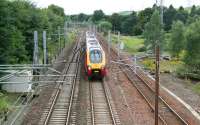 The lunchtime Glasgow Central - Birmingham New Street Virgin Trains service runs down Beattock bank and is just about to pass through the site of Beattock station on 17 July 2008. <br><br>[John Furnevel 17/07/2008]