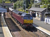 47 804 takes <I>The Royal Scotsman</I> north through Aberdour on 21 July 2008, passing a First ScotRail 158 just leaving the southbound platform heading for Edinburgh.<br><br>[Bill Roberton 21/07/2008]