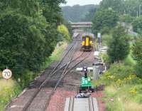 The 1000 Stranraer - Newcastle has just left the up platform at Annan on 17 July and is about to run onto the single line section to Gretna. New track and associated equipment is in place ready to be deployed during the 2 week scheduled closure of the line commencing 19 July 2008.<br><br>[John Furnevel 17/07/2008]