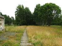 A view along the platform at Carron in July 2008. The trackbed has been filled in and trees are taking over at the east end. A signal box used to stand on the platform in the left middle distance.<br><br>[John Gray 26/07/2008]