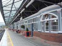 Detail of building on westbound platform, looking north.<br><br>[Ewan Crawford //]